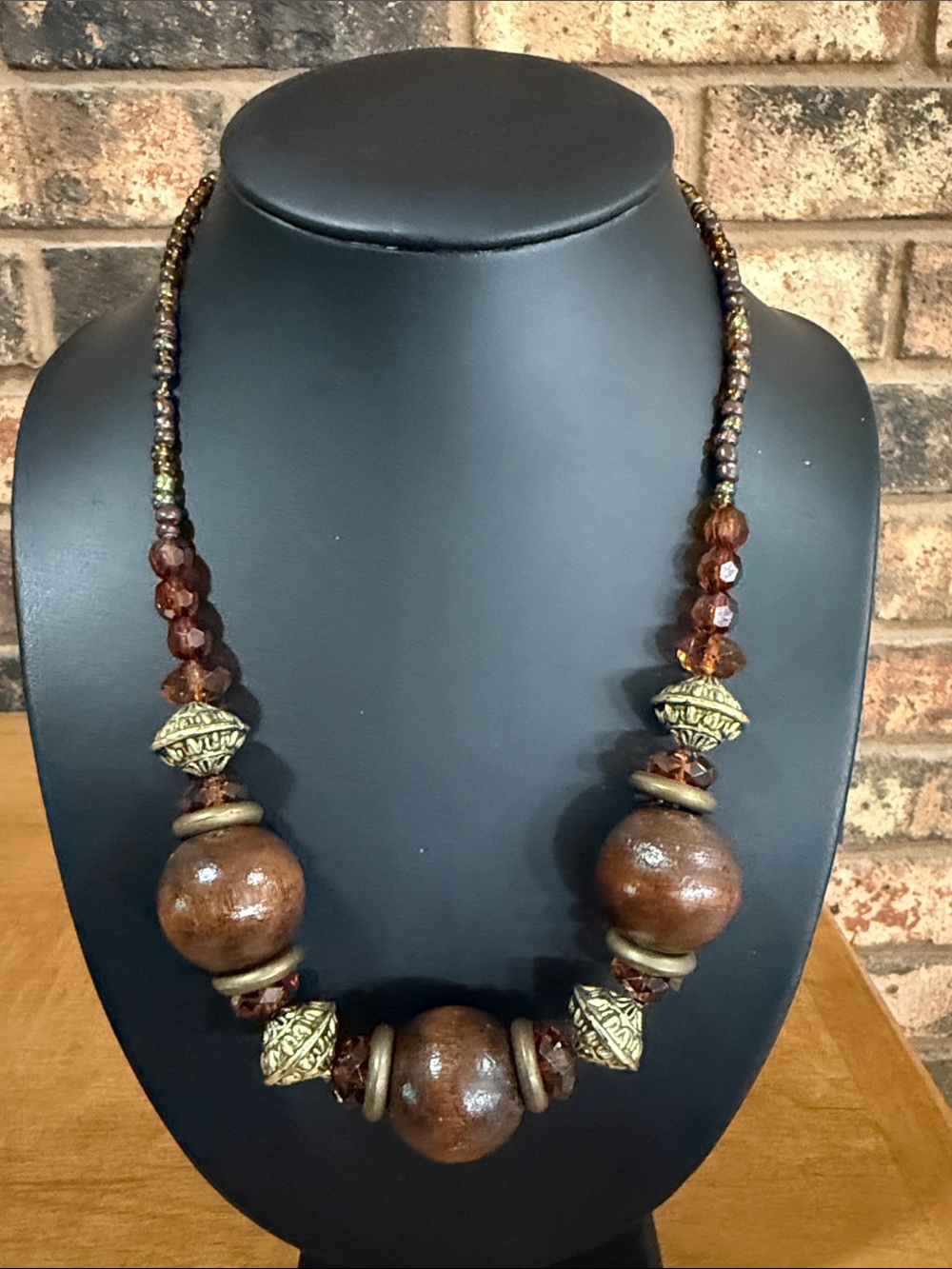 Vintage Chunky wooden, glass and metal beaded statement necklace